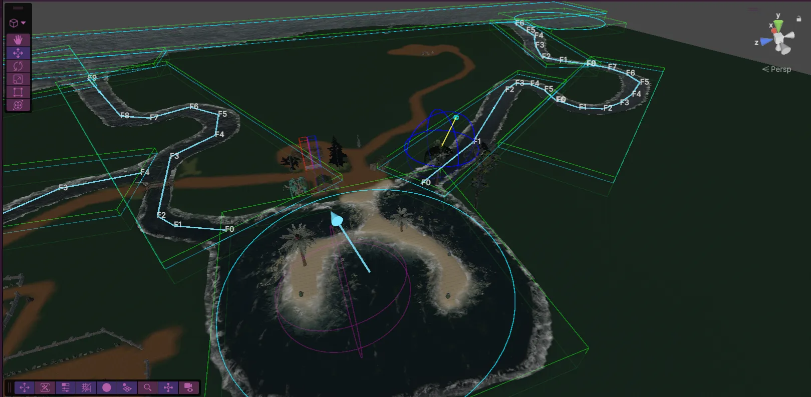 Unity editor showing the river flow path authoring system